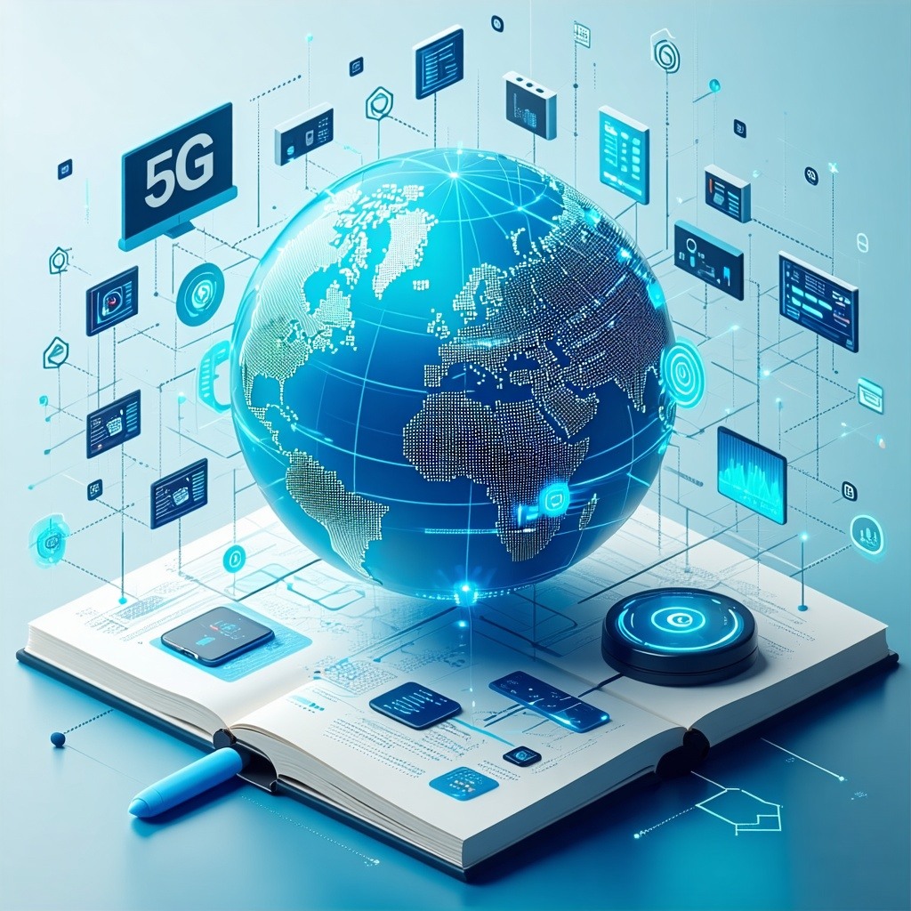 generate an image about conducting cyber security research on a globe showing 5g networks and devices and artificial intelligence systems IoT Devices  and analyzing code to identify vulnerabilities and security issues using burgundy red colors blue c-1