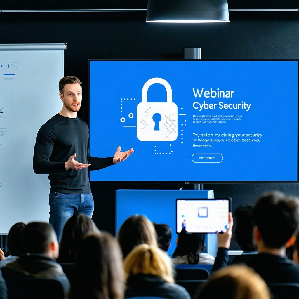 image with a person presenting a webinar on Cyber security and giving knowledge to an audience and try to match the colors of my website